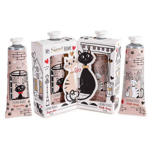 Set 2 creme maini,2 creme picioare aroma Bomboane, Lapte si Miere 11,5 x 3 x 11,5 H, 2 x 30 ml