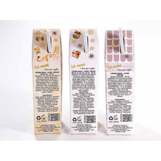 Set 3 creme maini parfumate, 3 pile unghii cadou Craciun cm 6 x 3,5 x 13,5 H, 3x40 ml