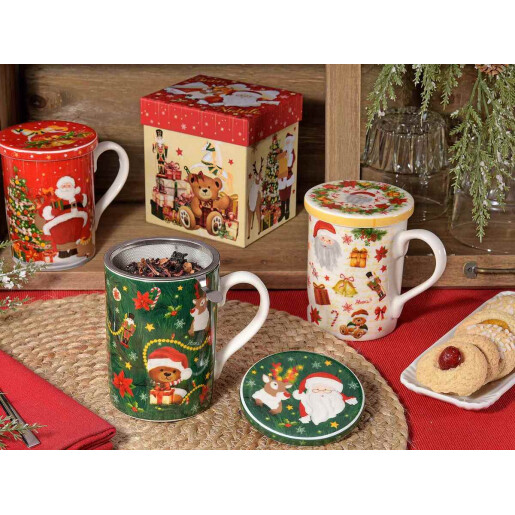 Set 3 cani Craciun portelan multicolor Ø 8 cm x 10,5 H, 350 ml