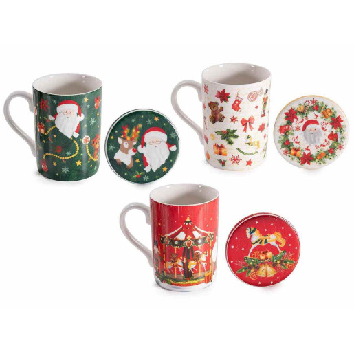 Set 3 cani Craciun portelan multicolor Ø 8 cm x 10,5 H, 350 ml