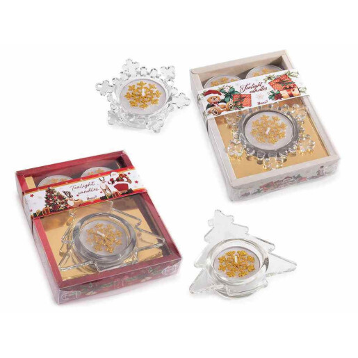 Set 2 candele cu 2 lumanari in cutii cadou Fulg de Nea, Bradut 8,5x9x2 H