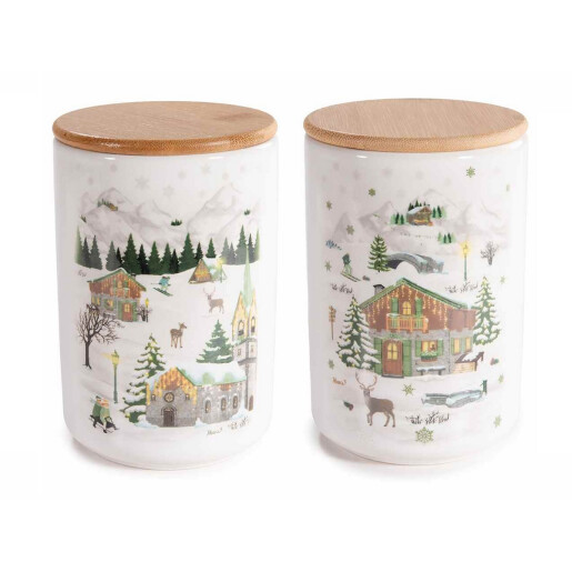 Set 2 borcane Craciun lemn ceramica multicolora Ø 10 cm x 15,5 H