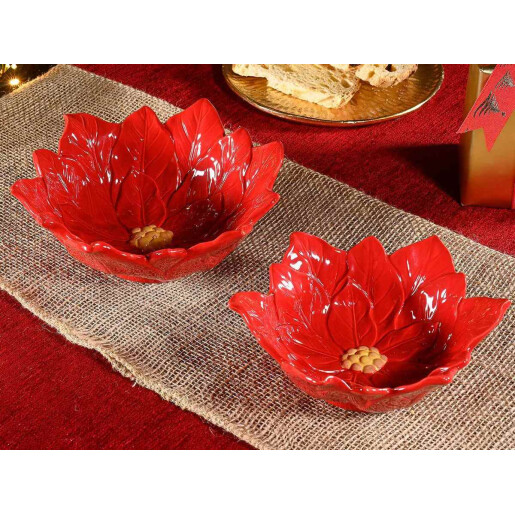 Set 2 boluri Craciunite ceramica rosie galbena cm 20x18,5x7,5 H, 17,5 x 15,5 x 6,5 H