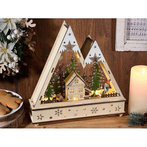 Decoratiune Craciun lemn multicolor cu led 27x6.5x27.5 cm