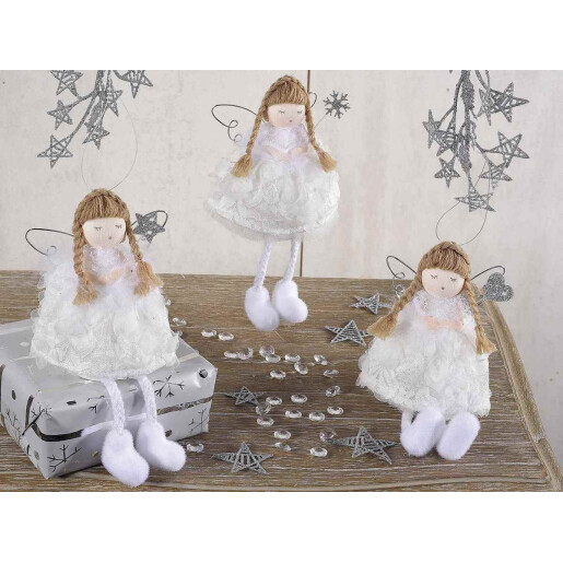 Set 12 ornamente brad Ingeri textil alb 8x16 cm