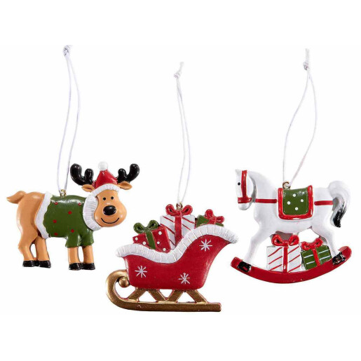 Set 3 ornamente brad Craciun polirasina multicolora 7x6.5 cm