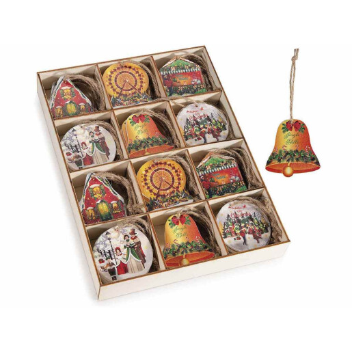 Set 72 ornamente brad Craciun lemn multicolor 5x5.5 cm