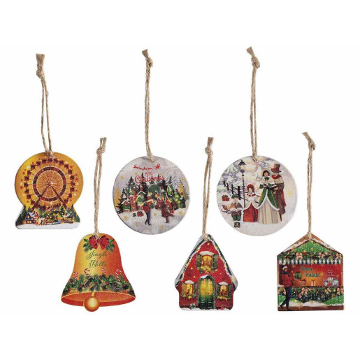 Set 72 ornamente brad Craciun lemn multicolor 5x5.5 cm