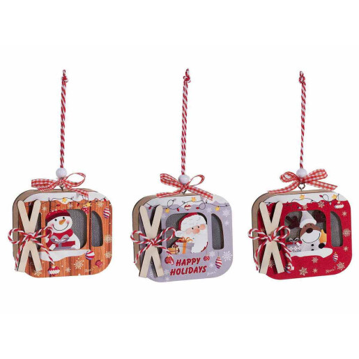 Set 3 ornamente brad Craciun lemn multicolor cu led cm 8,5 x 3,5 x 8 H