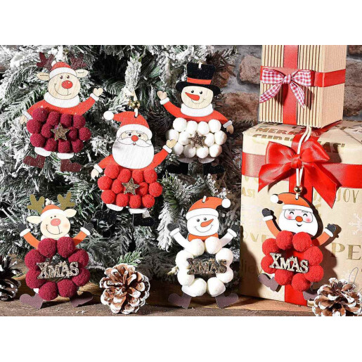 Set 6 ornamente brad Craciun lemn textil multicolor 8x12.5 cm