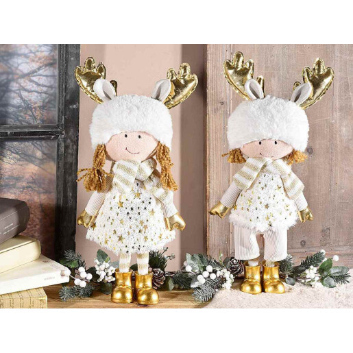 Set 2 figurine Fetita si Baietel textil alb auriu 14x9x39 cm
