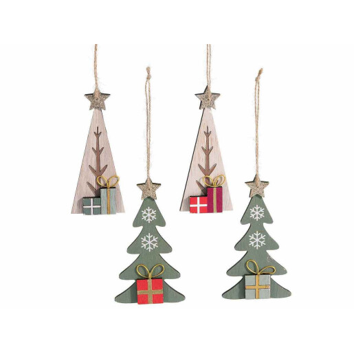 Set 20 ornamente brad Craciun lemn multicolor cm 7 x 13 H