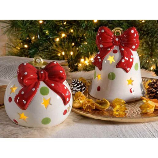 Set 2 decoratiuni Craciun ceramica multicolora cu led Ø 11 cm x 13 H