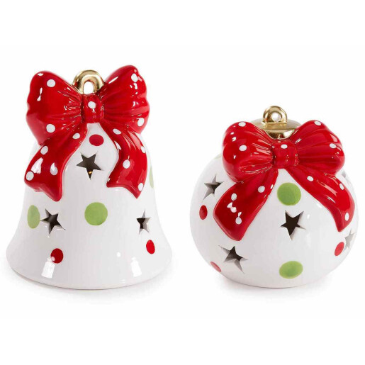 Set 2 decoratiuni Craciun ceramica multicolora cu led Ø 11 cm x 13 H