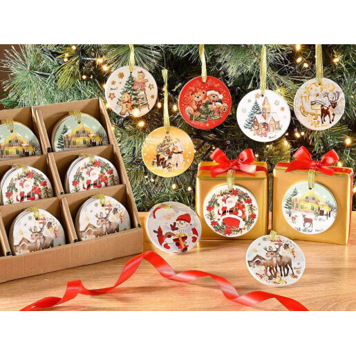 Set 54 ornamente brad Craciun ceramica multicolora Ø 7,5 cm