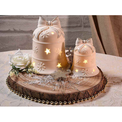 Set 2 clopotei Craciun portelan alb cu led 12x14.5 cm, 8x9.5 cm
