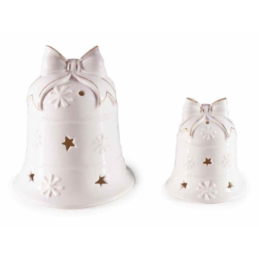 Set 2 clopotei Craciun portelan alb cu led 12x14.5 cm, 8x9.5 cm