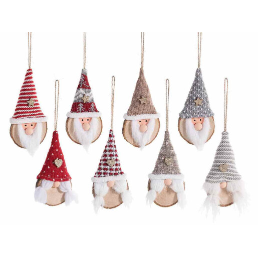 Set 8 ornamente brad Craciunite, Mos Craciun lemn textil multicolor cm 7 x 14 H