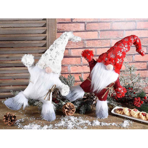 Set 2 figurine Mos Craciun textil alb rosu 25x10x45 cm