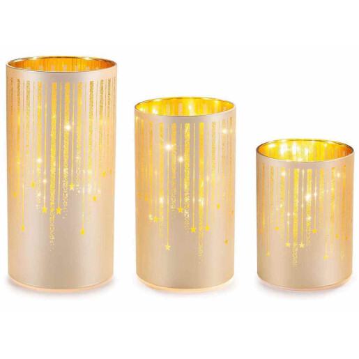 Set 3 candele Craciun sticla aurie cu led 10x20 cm, 9x16 cm, 9x12 cm