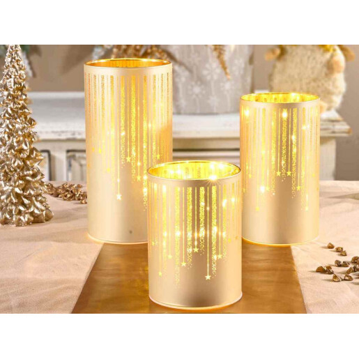 Set 3 candele Craciun sticla aurie cu led 10x20 cm, 9x16 cm, 9x12 cm