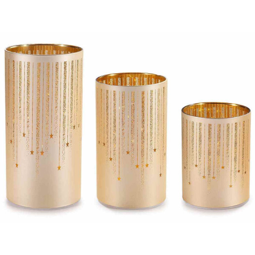 Set 3 candele Craciun sticla aurie cu led 10x20 cm, 9x16 cm, 9x12 cm