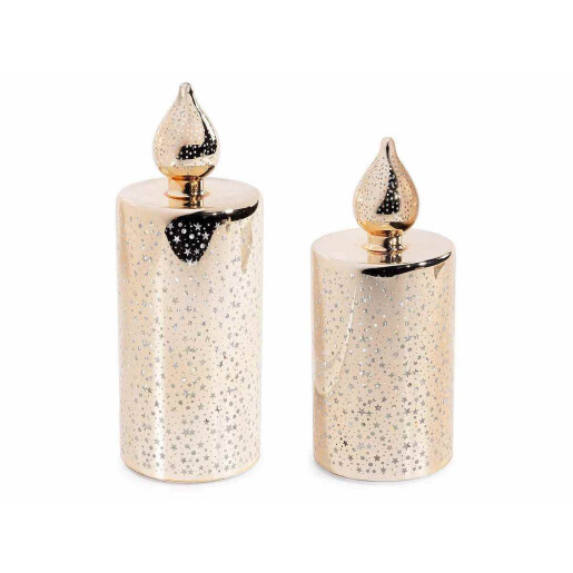 Set 2 candele Craciun sticla aurie cu led Ø 7,5 cm x 20,5 H, Ø 7,5 x 17,5 H 