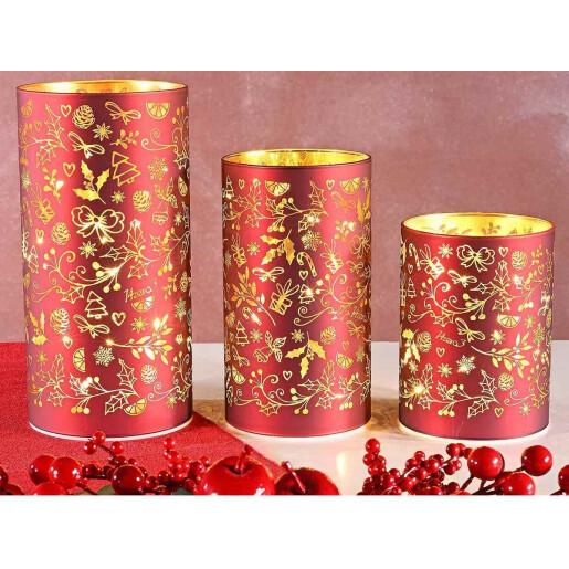 Set 3 candele Craciun sticla rosie aurie cu led 10x20 cm, 9x16 cm, 9x12 cm 