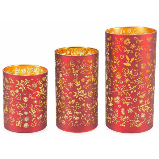 Set 3 candele Craciun sticla rosie aurie cu led 10x20 cm, 9x16 cm, 9x12 cm 