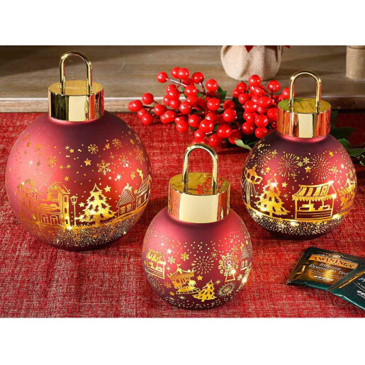 Set 3 globuri Craciun sticla rosie aurie 14.5x19.5 cm, 11.5x16.5 cm, 10x14 cm