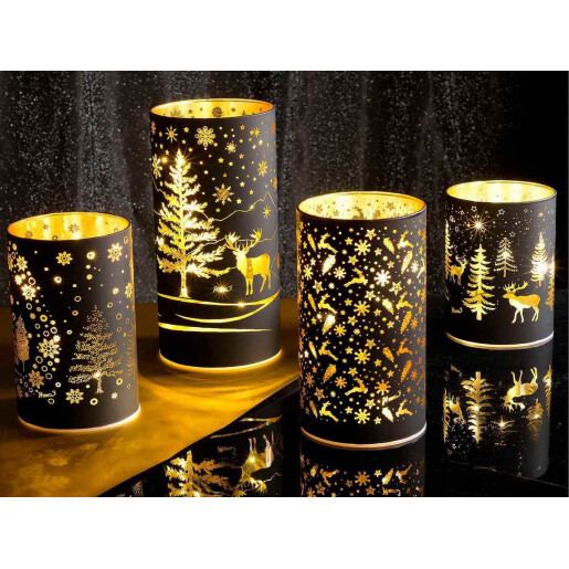 Set 4 candele Craciun sticla neagra aurie cu led 20,5 H, 16,5 H , 14,5 H, 12,5 H