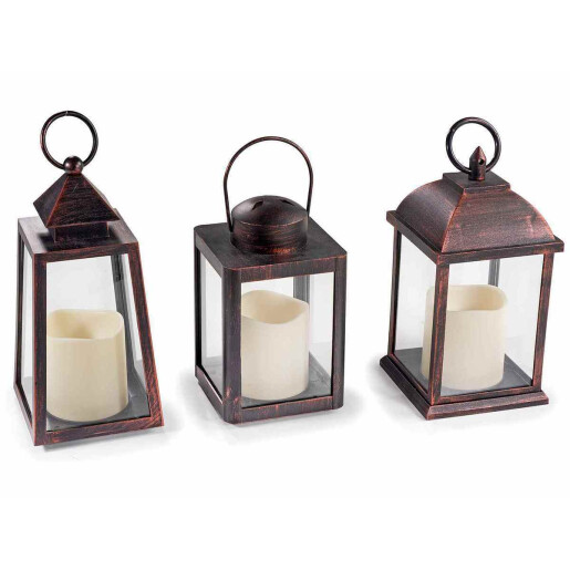 Set 3 felinare plastic maro cu led 10x10x24.5 cm