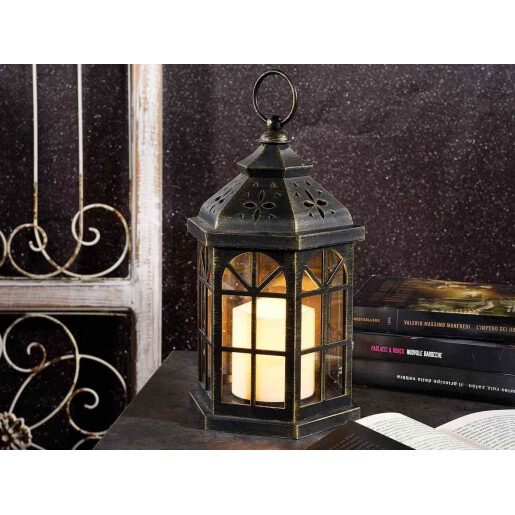 Set 2 felinare plastic negru auriu cu led 14x12.5x27 cm