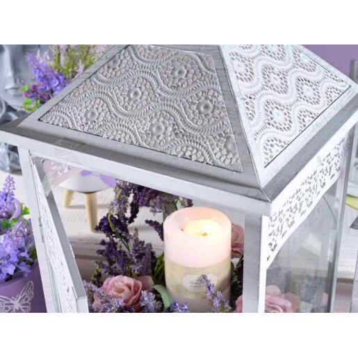 Set 3 felinare metal alb 24x24x58 cm, 18x18x44 cm, 13.5x13.5x32 cm