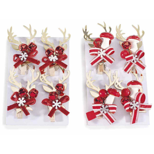 Set 40 ornamente brad Craciun lemn textil cu clips 5x9 cm