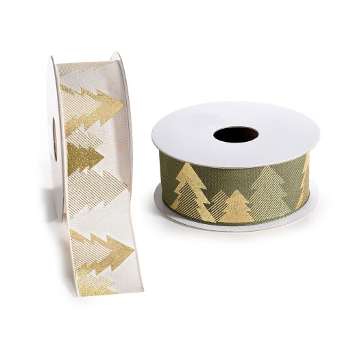 Set 4 panglici Christmas textil verde crem 38 mm x 10 m