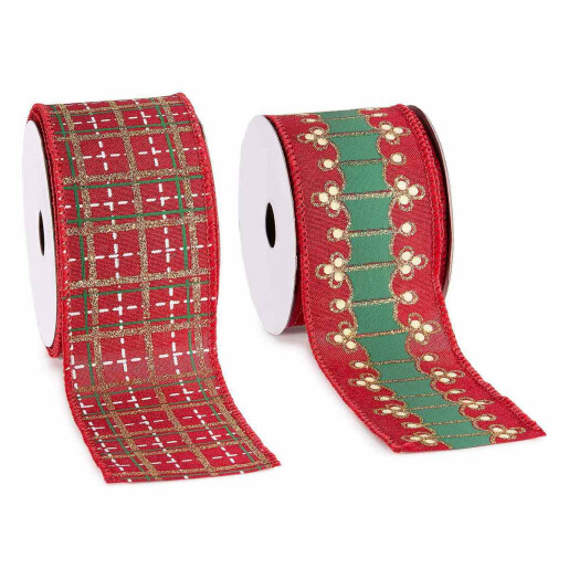 Set 4 panglici Craciun textil rosu alb verde 63 mm x 10 m