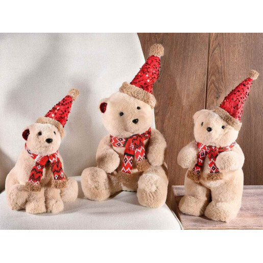 Set 3 figurine Ursuleti textil crem rosu 21x22x38 cm, 16.5x22.5x30 cm