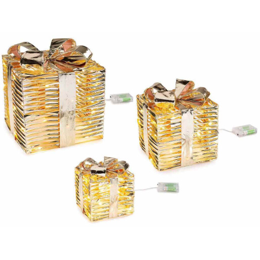 Set 3 decoratiuni Craciun metal auriu cu leduri 25x25x28 cm, 20x20x23 cm, 15x15x17 cm