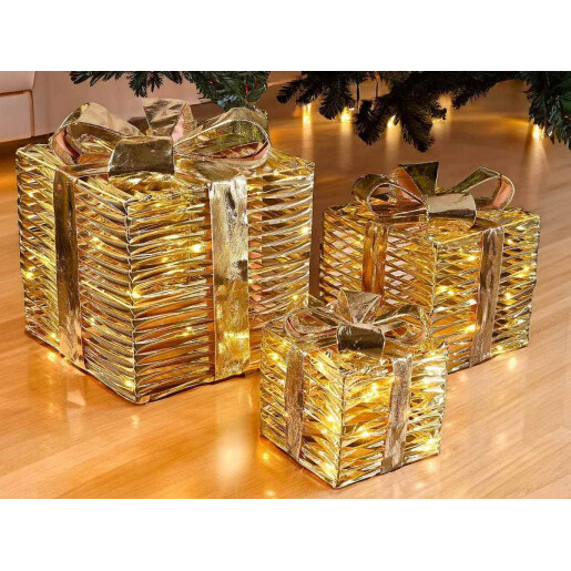 Set 3 decoratiuni Craciun metal auriu cu leduri 25x25x28 cm, 20x20x23 cm, 15x15x17 cm