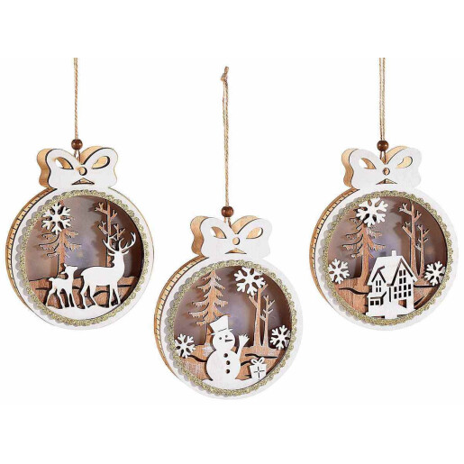 Set 3 ornamente brad Craciun lemn si leduri 12x3x15 cm