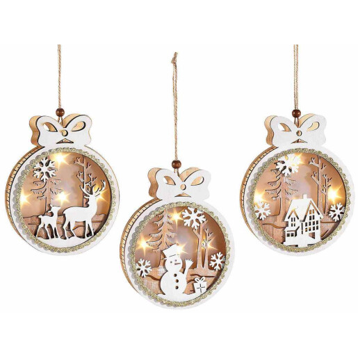 Set 3 ornamente brad Craciun lemn si leduri 12x3x15 cm
