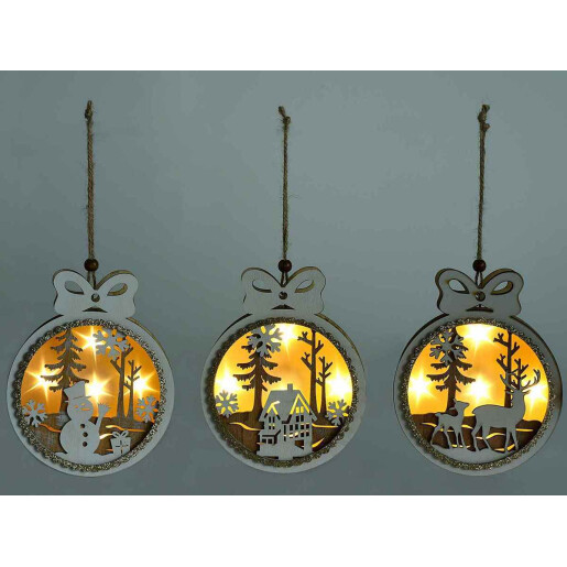 Set 6 ornamente brad Craciun lemn si leduri 12x3x15 cm