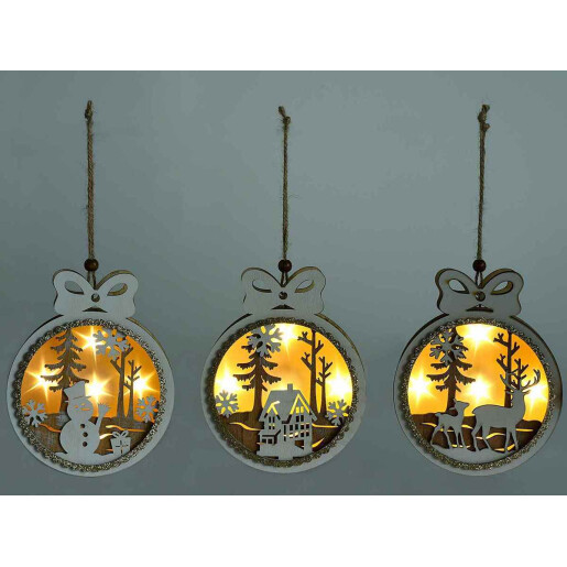 Set 3 ornamente brad Craciun lemn si leduri 12x3x15 cm