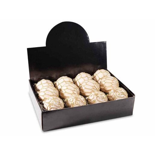 Set 12 globuri brad Craciun sticla alba sclipici auriu 8 cm