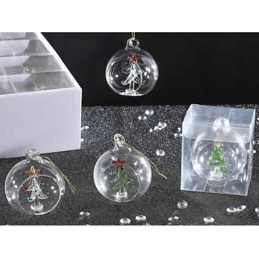 Set 4 globuri brad Craciun sticla multicolora 6 cm