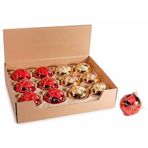 Set 12 globuri brad Craciun sticla rosie aurie Ø 8 cm