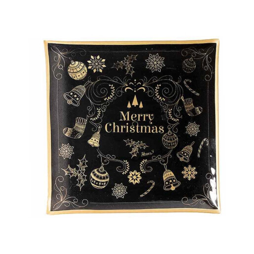 Platou Craciun din sticla neagra aurie 25x25 cm