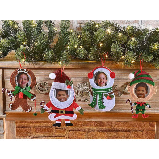 Set 4 ornamente cu rama foto brad Craciun textil multicolor  cm 16,5 x 22 H