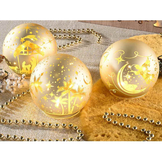 Set 3 sfere decorative Craciun sticla aurie cu led 9.5x9 cm